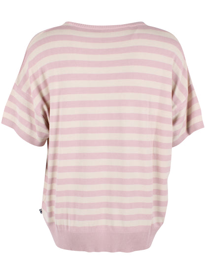 Fin kortærmet sweater med rosa og beige striber til kvinder
