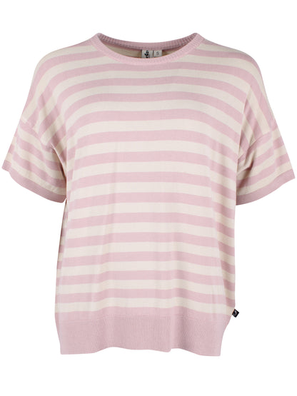 Fin kortærmet sweater med rosa og beige striber til kvinder