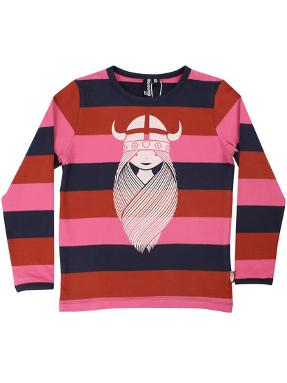 Stribet bluse i bomuld til børn med print af vikingen Freja