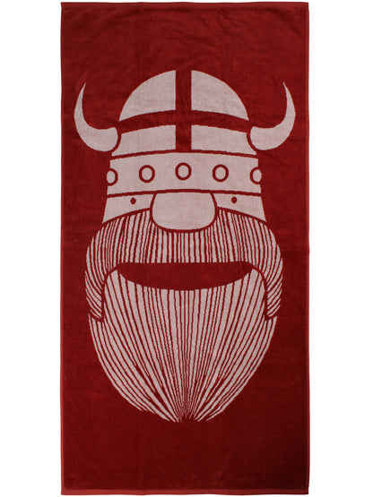 Lækkert badehåndklæde i rustrød og beige med print af vikingen Erik