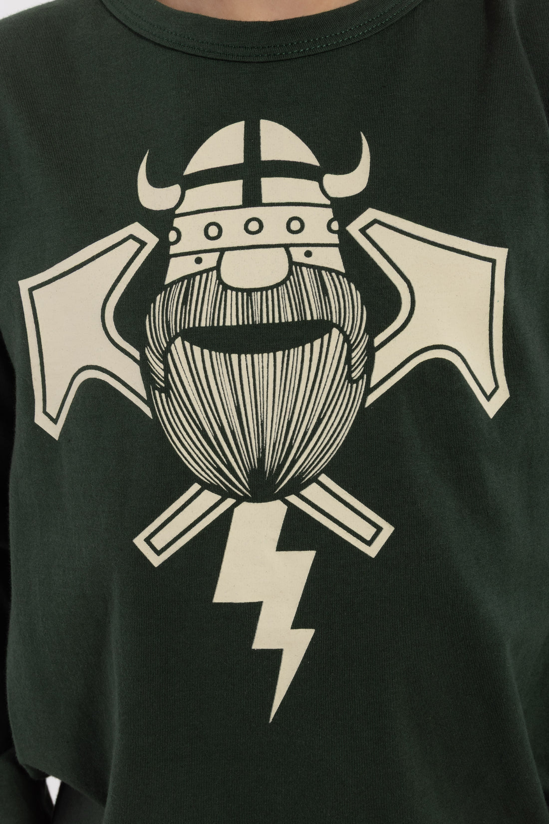 Langærmet mørkegrøn bluse i bomuld til børn med print af viking og lyn