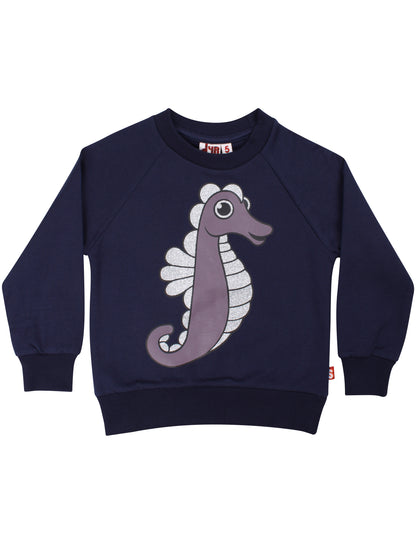 Skøn navyblå sweatshirt til børn med print af søhest