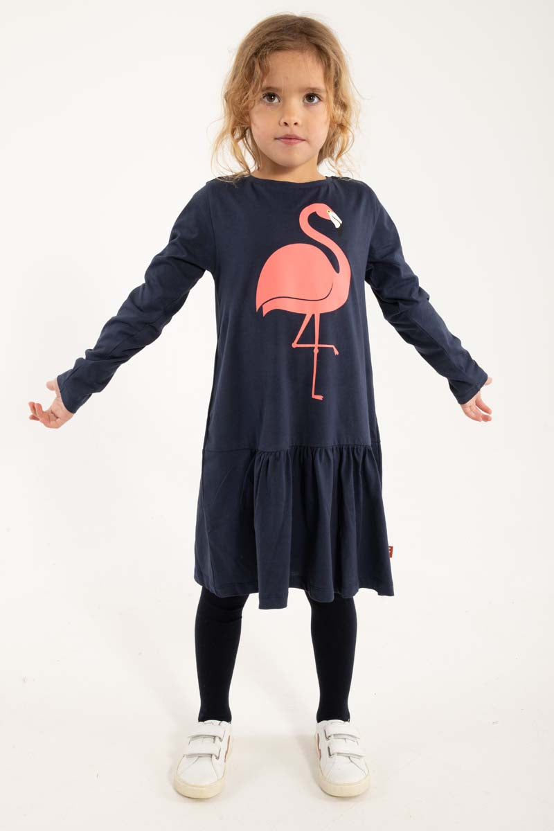 Sød mørkeblå kjole til børn med print af flamingo