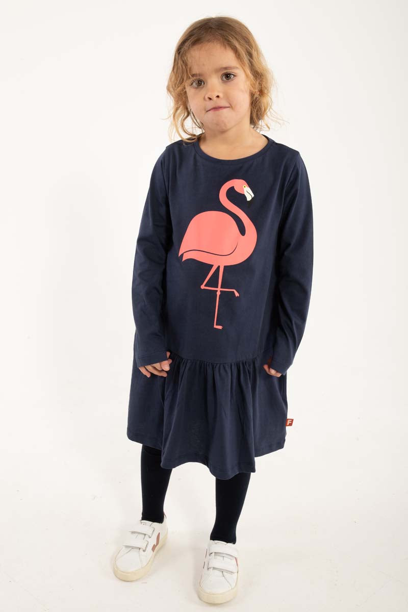 Sød mørkeblå kjole til børn med print af flamingo