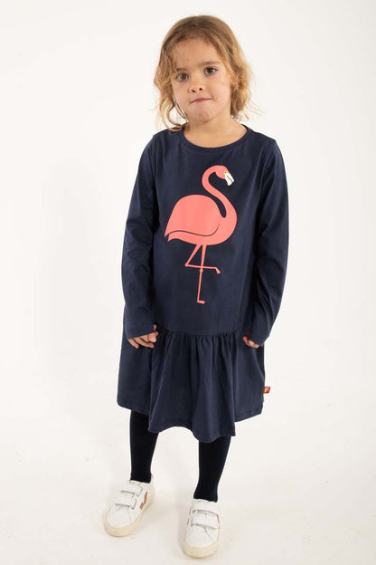 Sød mørkeblå kjole til børn med print af flamingo