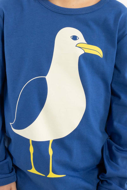 Blå bluse til børn med print af måge