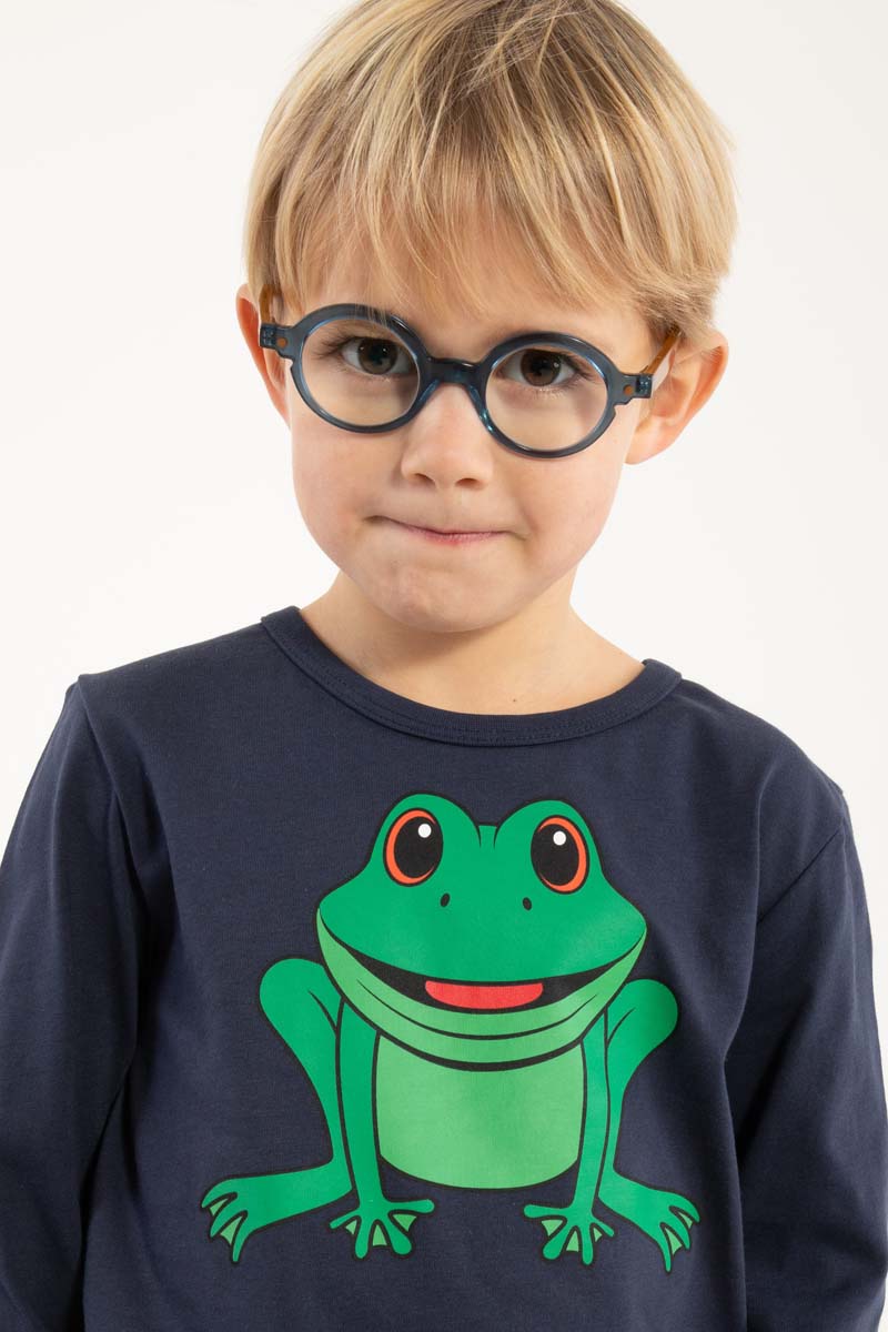Mørkeblå bluse til børn med print af grøn frø