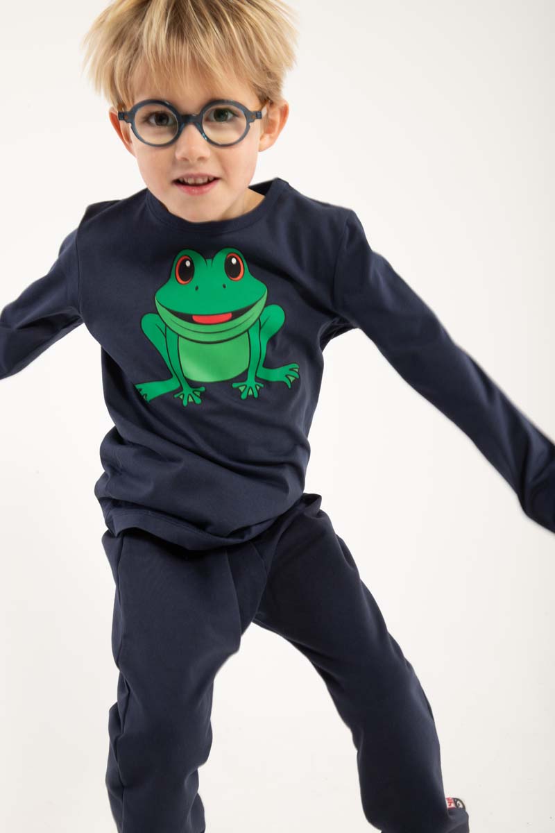 Mørkeblå bluse til børn med print af grøn frø