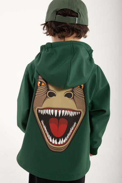Smart softshell jakke til børn med print af t-rex dinosaur på ryggen