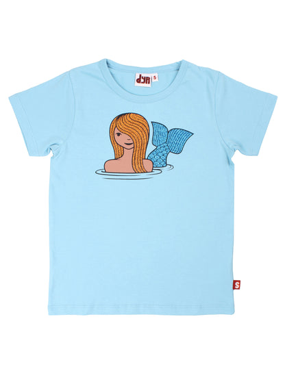 Lyseblå t-shirt med havefrueprint i glitter til børn