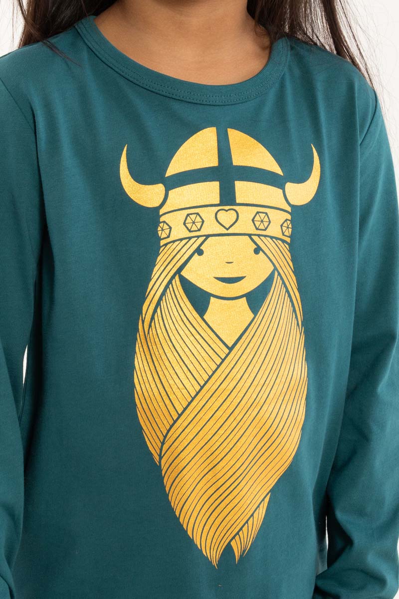 Grøn bluse med lange ærmer og glitterprint af vikingen Freja til børn