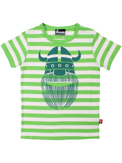 Sød t-shirt i bomuld med grønne og hvide striber til børn med print af vikingen Erik