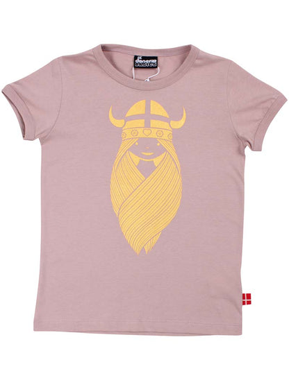 Sød rosabeige t-shirt i bomuld til børn med glitterprint af vikingen Freja