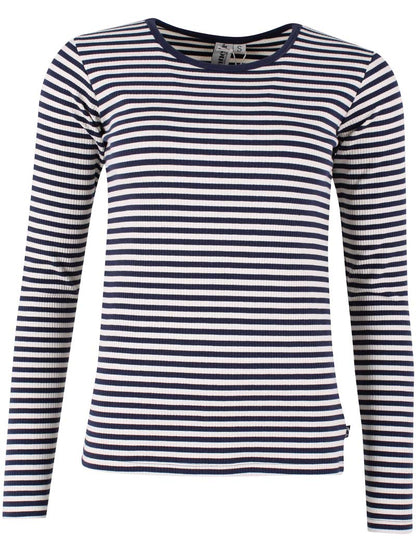 Stribet bluse i navyblå og knækket hvid med lange ærmer til kvinder