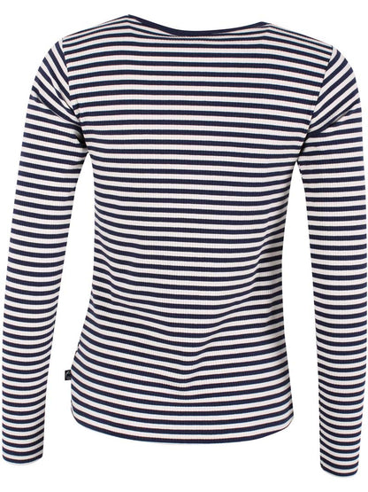 Stribet bluse i navyblå og knækket hvid med lange ærmer til kvinder