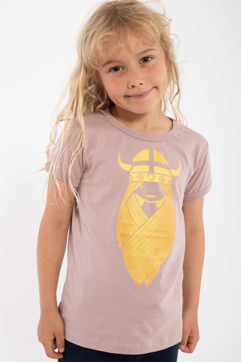 Sød rosabeige t-shirt i bomuld til børn med glitterprint af vikingen Freja
