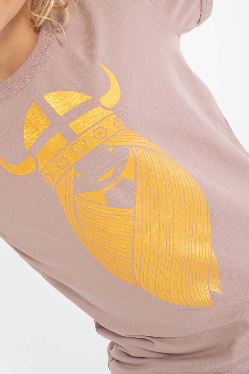Sød rosabeige t-shirt i bomuld til børn med glitterprint af vikingen Freja