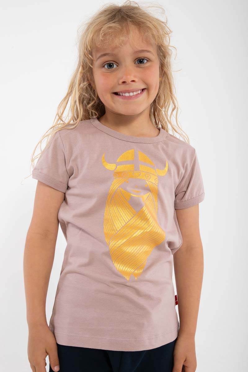 Sød rosabeige t-shirt i bomuld til børn med glitterprint af vikingen Freja