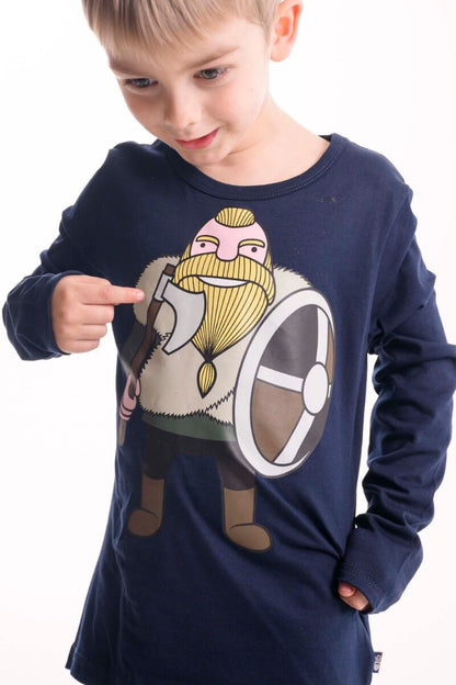 Navyblå langærmet bluse med print af vikingen Harald til børn