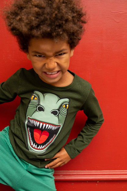 Lækker langærmet bluse til børn med print af t-rex dinosaur fra Dyr Cph