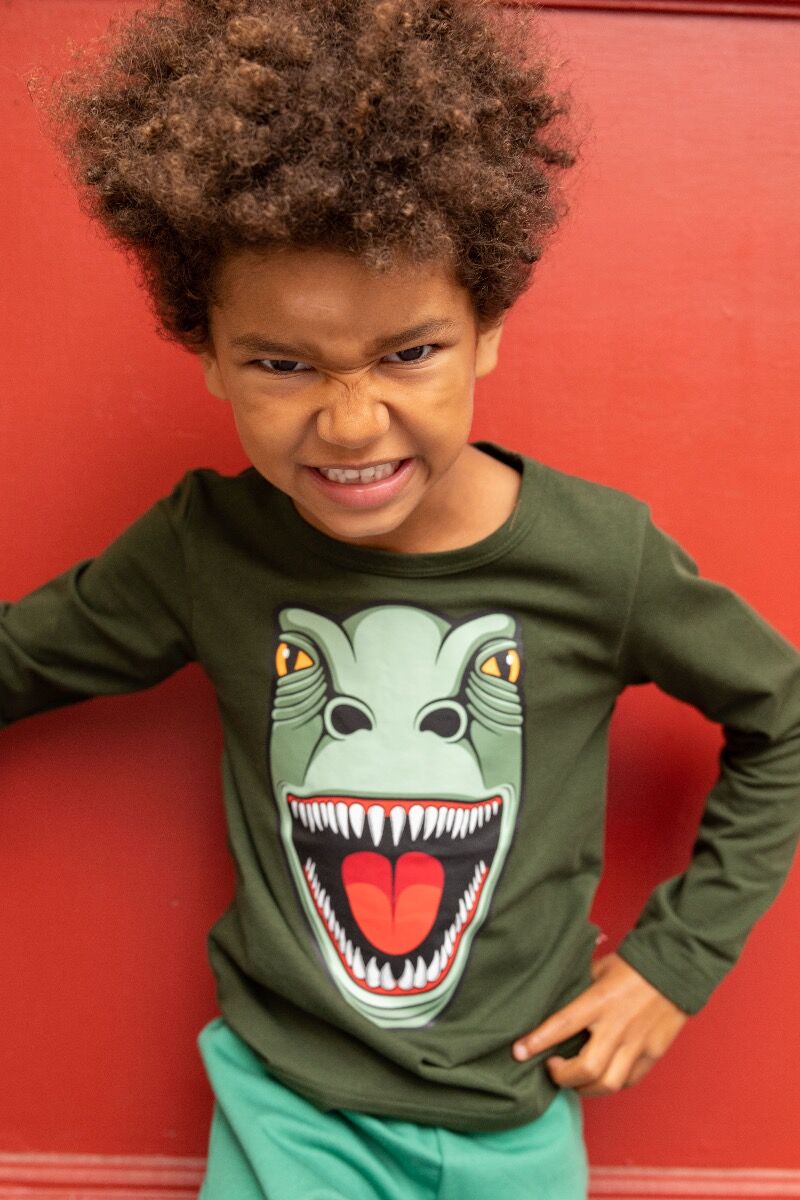 Lækker langærmet bluse til børn med print af t-rex dinosaur fra Dyr Cph