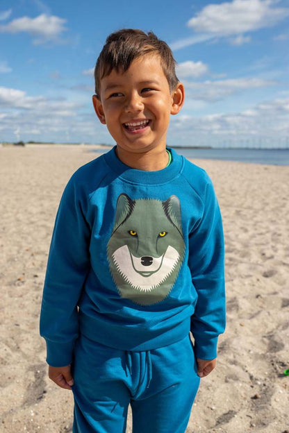 Skøn blå sweatshirt til børn med print af ulv