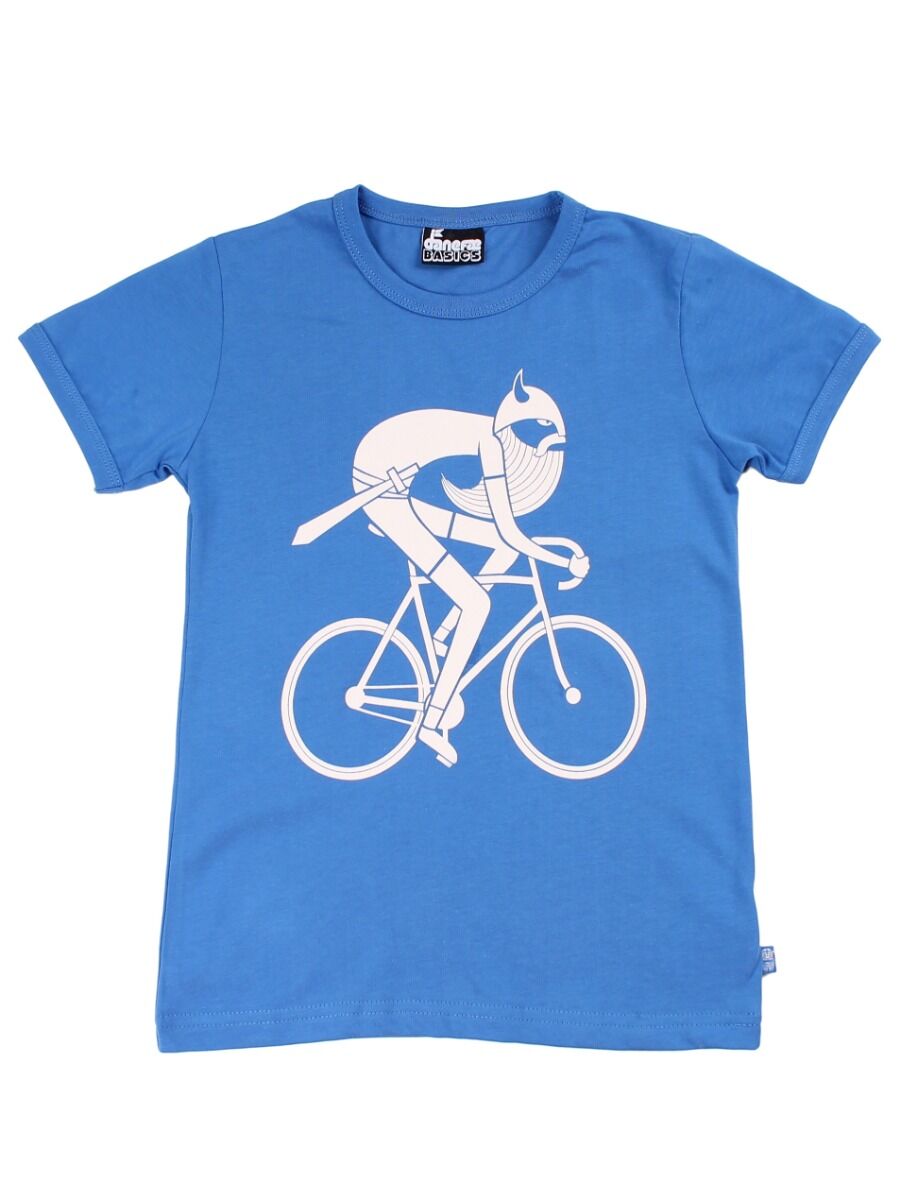 Sød blå t-shirt i bomuld til børn med print af viking på cykel