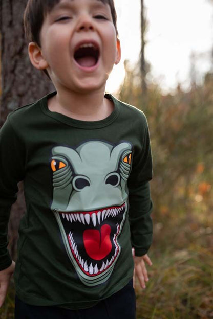 Lækker langærmet bluse til børn med print af t-rex dinosaur fra Dyr Cph